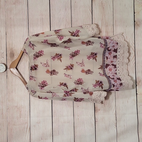 💟 Rewind Women's Small Tan Floral Print Kimono Sheer Top - Picture 3 of 4